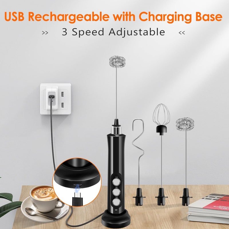 Styuanmmy Rechargeable Milk Frother Handheld with 3 Detachable Stainless Steel Whisks, 3 Speed Adjustable Electric Whisk Foam Maker, Handheld Drink Mixer, Frother Wand for Coffee, with Storage and Charging Base - Image 3